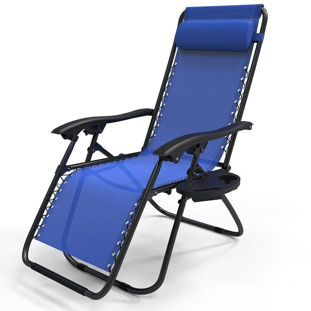 Vounot Chaise longue inclinable en textilene avec porte gobelet et portable bleu