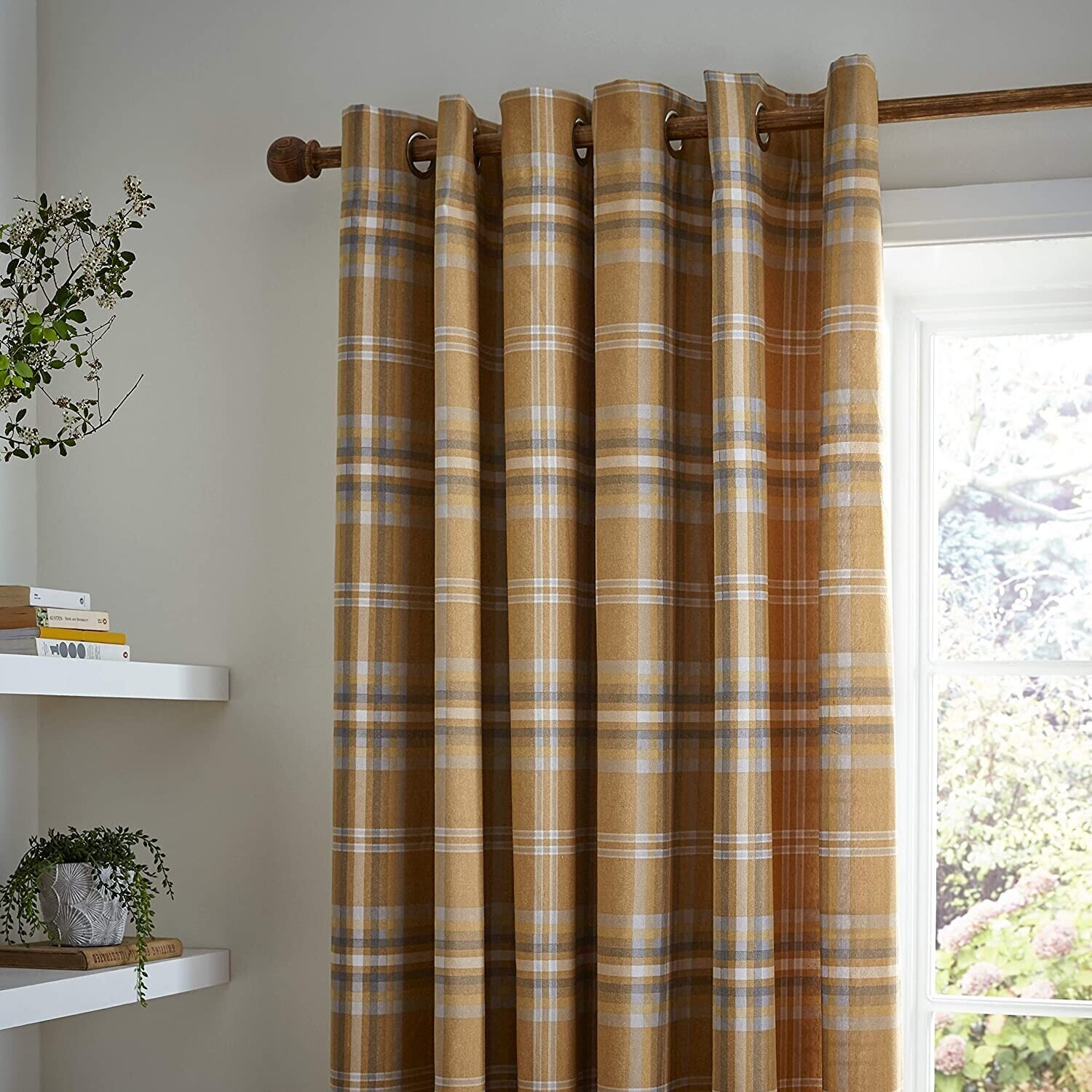 Catherine Lansfield Woven Check Thermal Curtains, Ochre