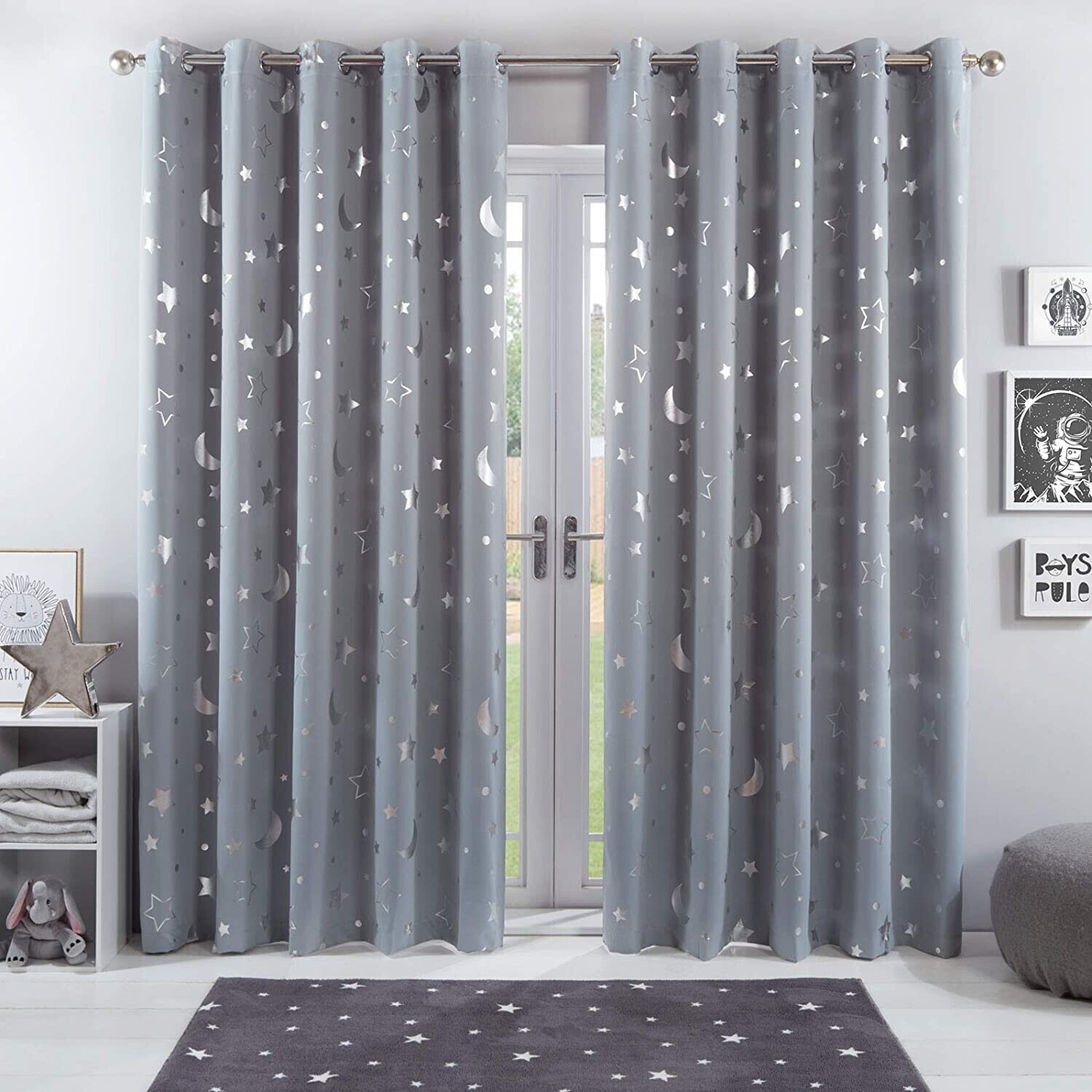 Dreamscene Galaxy Thermal Kid's Curtains, Grey