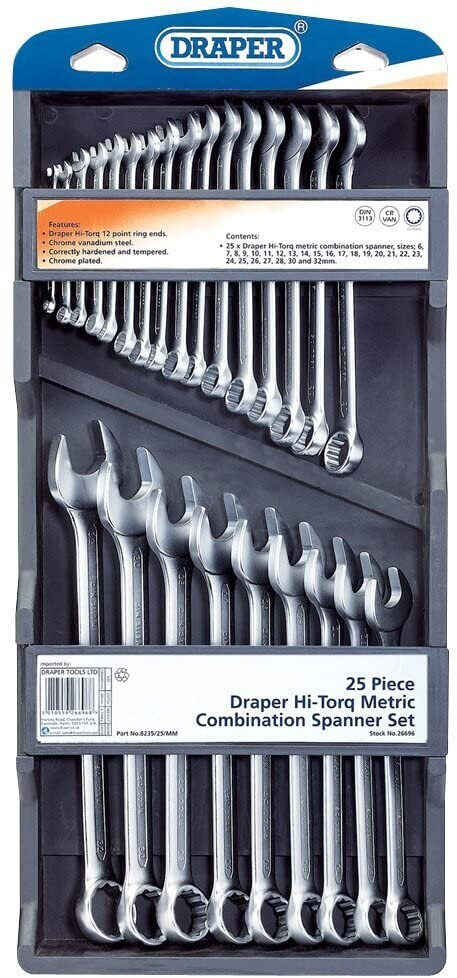 Draper 26696 Hi-Torq Metric Combination Spanner Set, 6mm-32mm, 25 Pieces