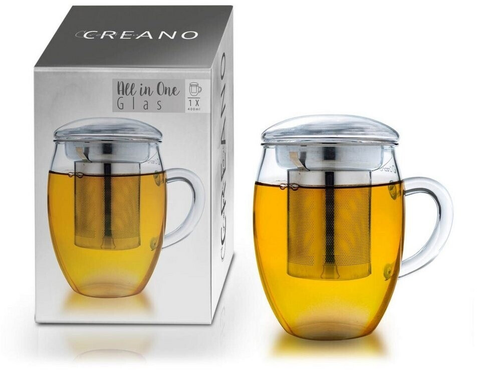 Creano Tea glass »All-In-One« (1-piece), with fine-pored stainless steel strainer and lid, 400ml