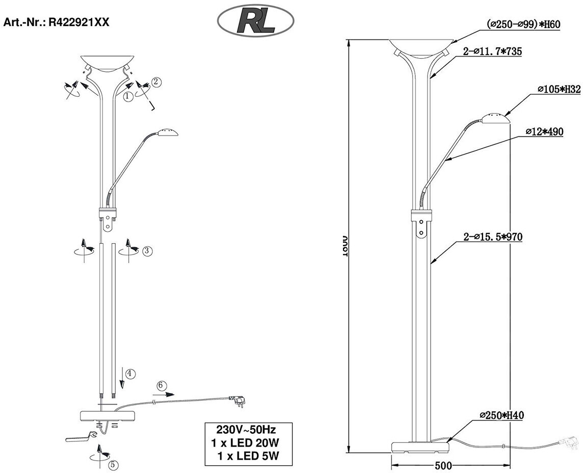 Trio LED-Deckenfluter mit Lesearm 180cm € Nickel matt ab silber 69,99 bei (R42292107) | Preisvergleich