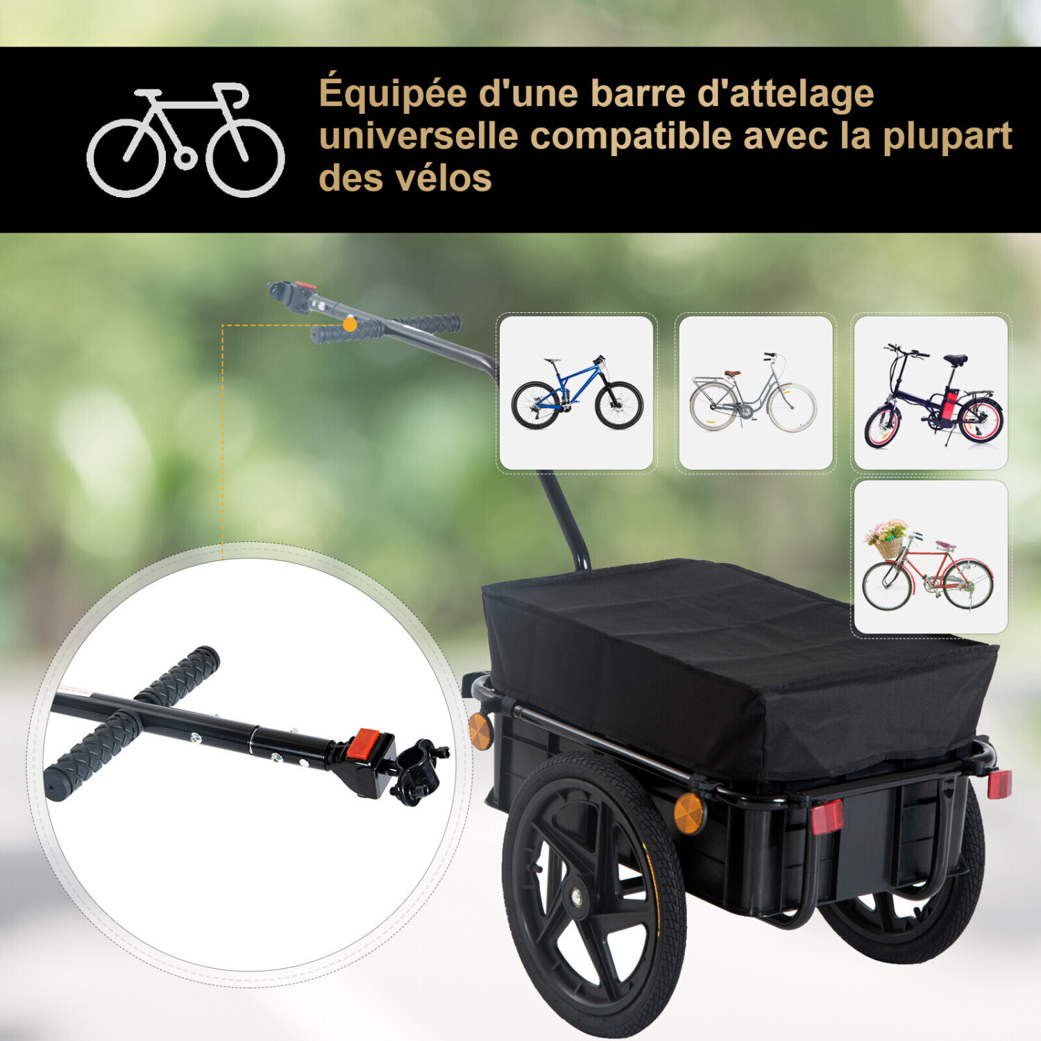 Homcom - Remorque de transport vélo cargo barre d'attelage incluse