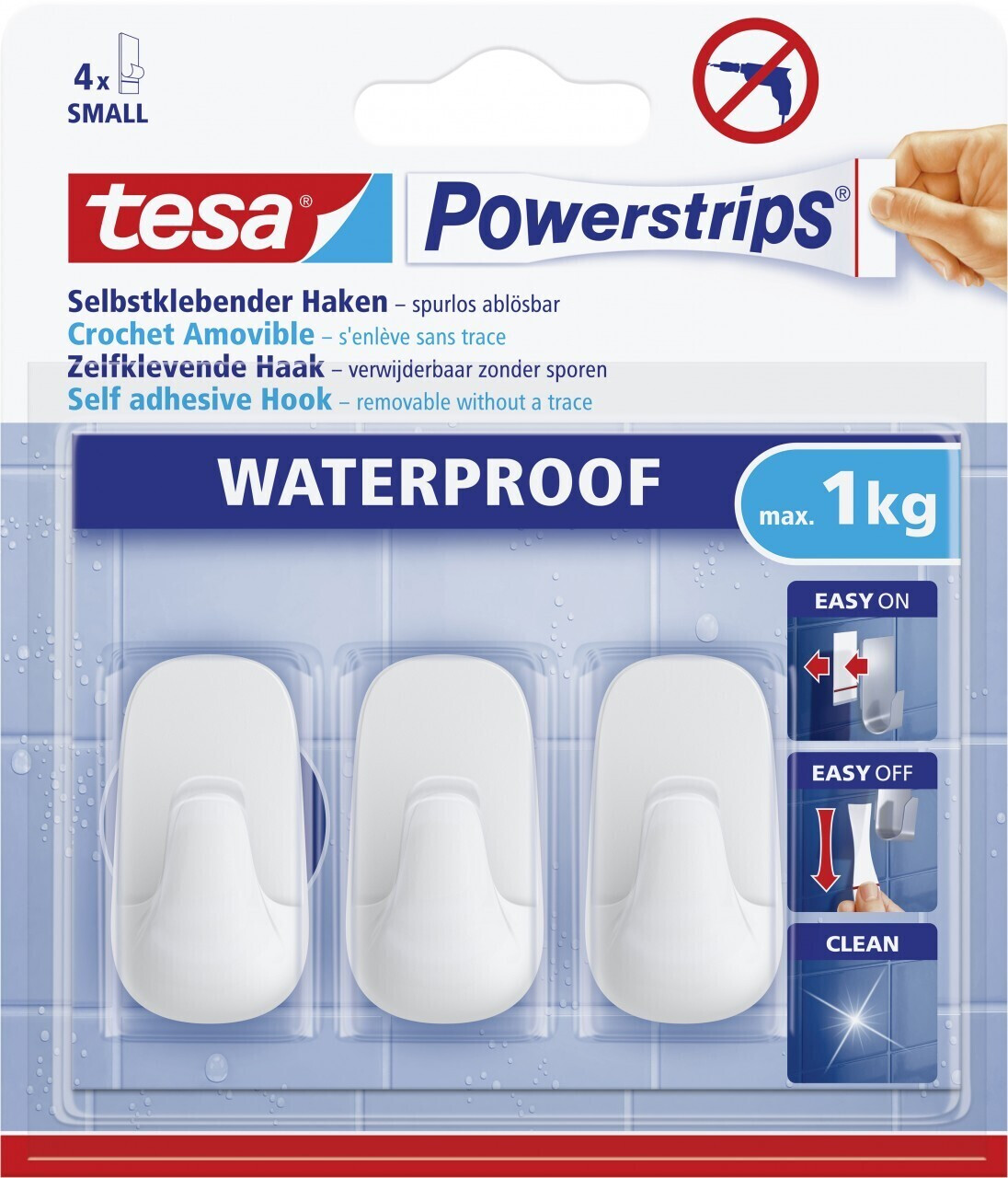 Tesa Klebehaken 59780 Powerstrips Waterproof Eckig, Small, 1kg, Edelstahl,  wasserfest, silber, 2 Stück – Böttcher AG