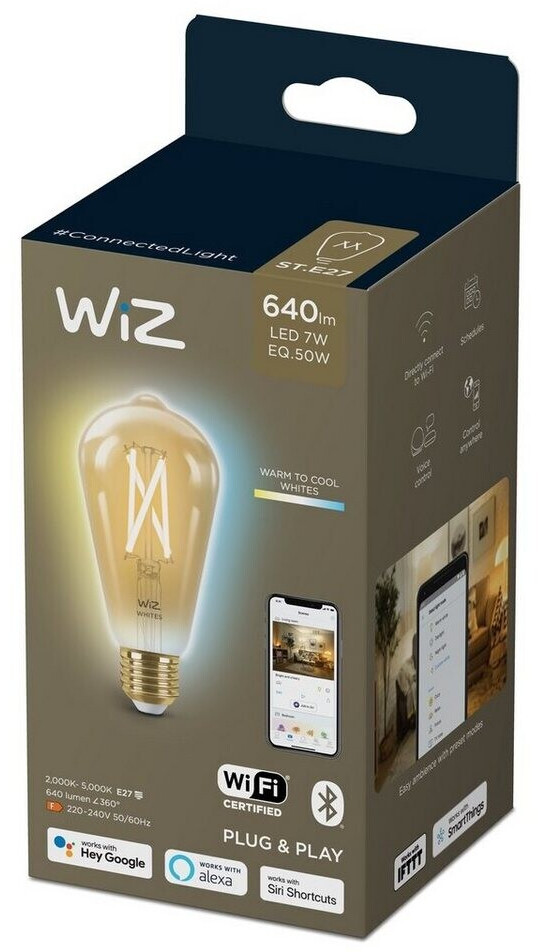 WiZ ampoule LED Connectée Vintage Wi-Fi Edison E27, Nuances de Blanc,  équivalent 50W, 640 lumen, fonctionne avec Alexa, Google Assistant et Apple  HomeKit : : Luminaires et Éclairage