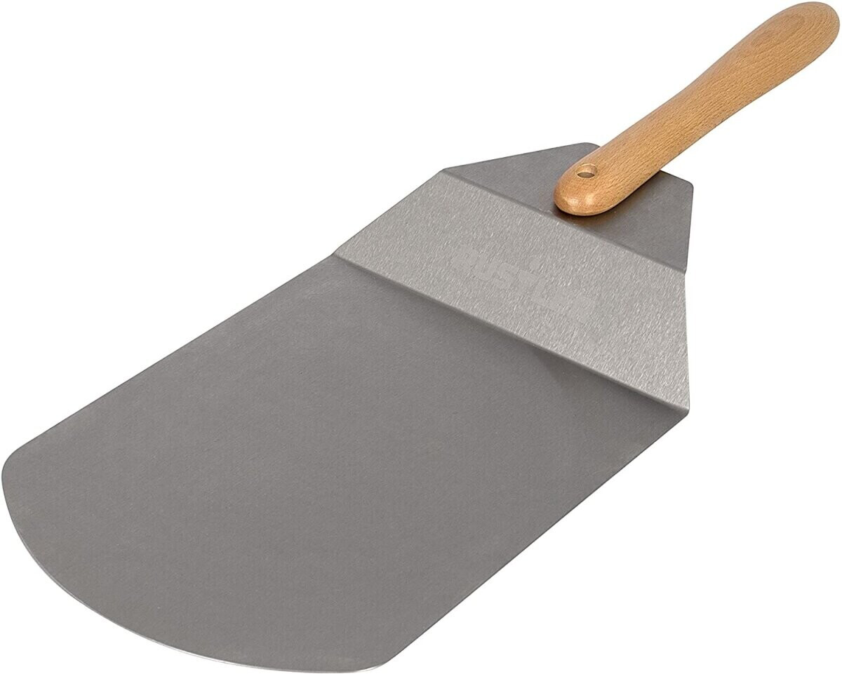 Rustler Pizza pusher lifter shovel made of stainless steel with wooden handle and rounded edges. Work surface: 30 x 24 cm