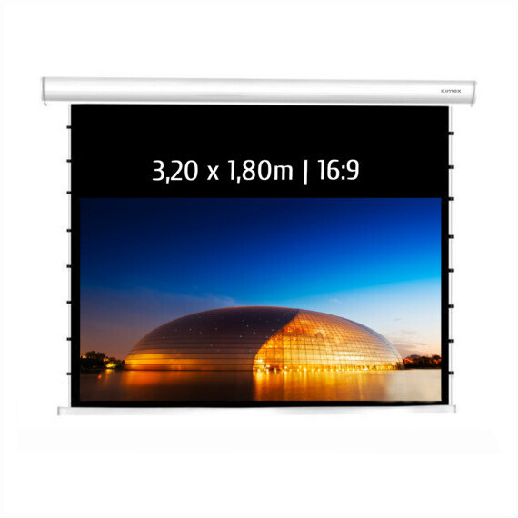 Kimex Ecran de projection motorisé tensionné 3,20x1,80m 16:9 Wi-Fi carter blanc
