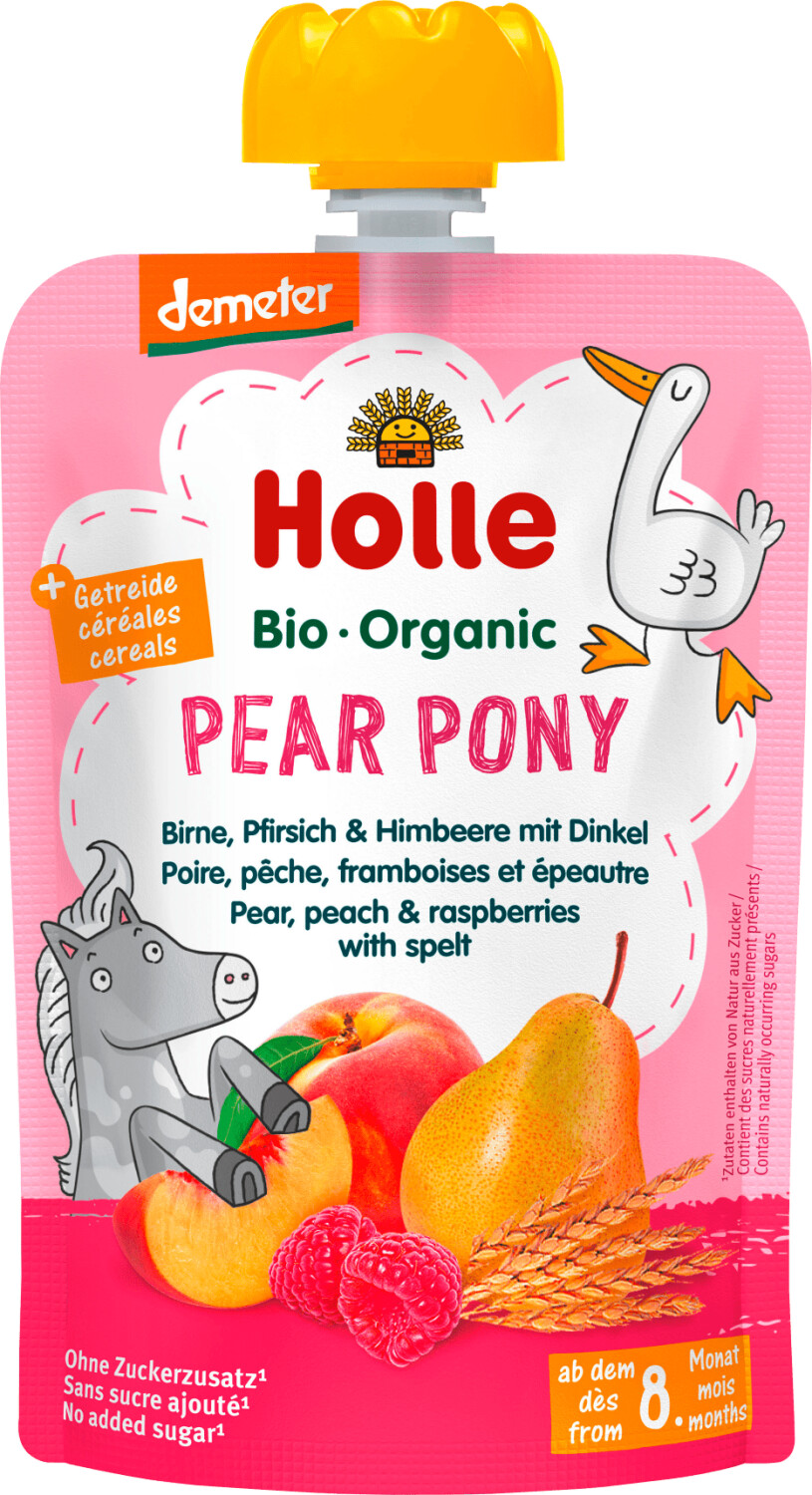 Holle Demeter Pear Pony - Pouchy pear, peach & raspberry with spelt (100g)