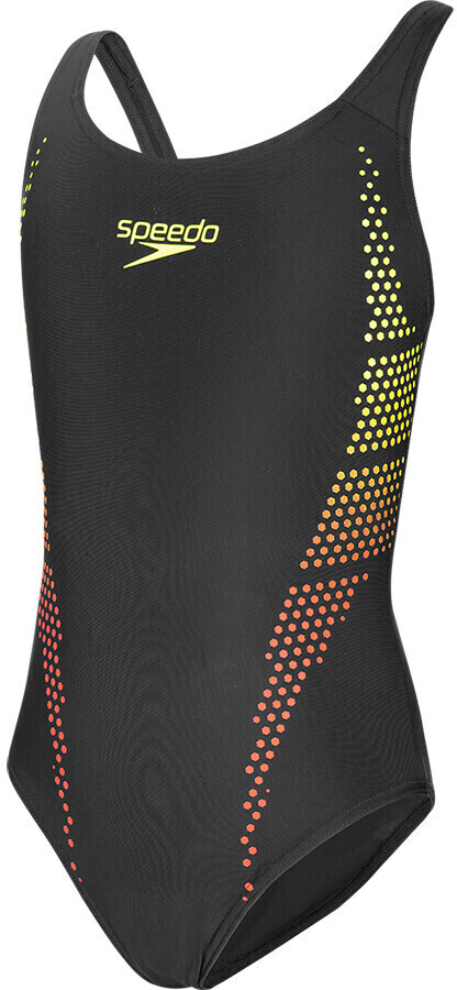Speedo Plastisol Placement Muscleback Swimsuit black yellow lava red