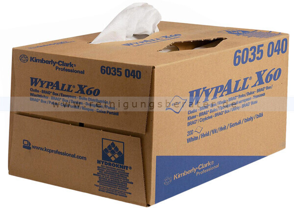 Kimberly-Clark Wiping cloth WYPALL X60 BRAG box white 2 ply, I fold, HYDROKNIT, 1 box x 200 wipes