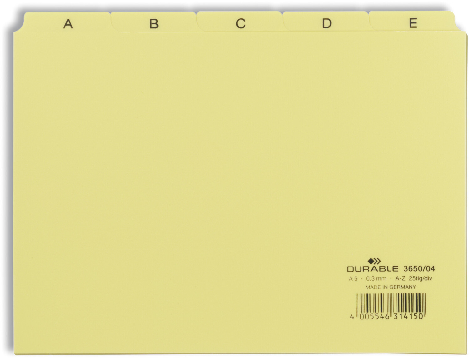 DURABLE 365004 25 Piece A5 Index Card Set with Printed A-Z Tab Yellow