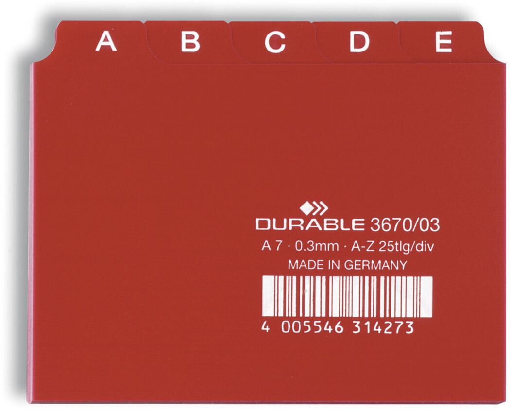 DURABLE 367003 25 Piece A7 Index Card Set with Printed A-Z Tab Red