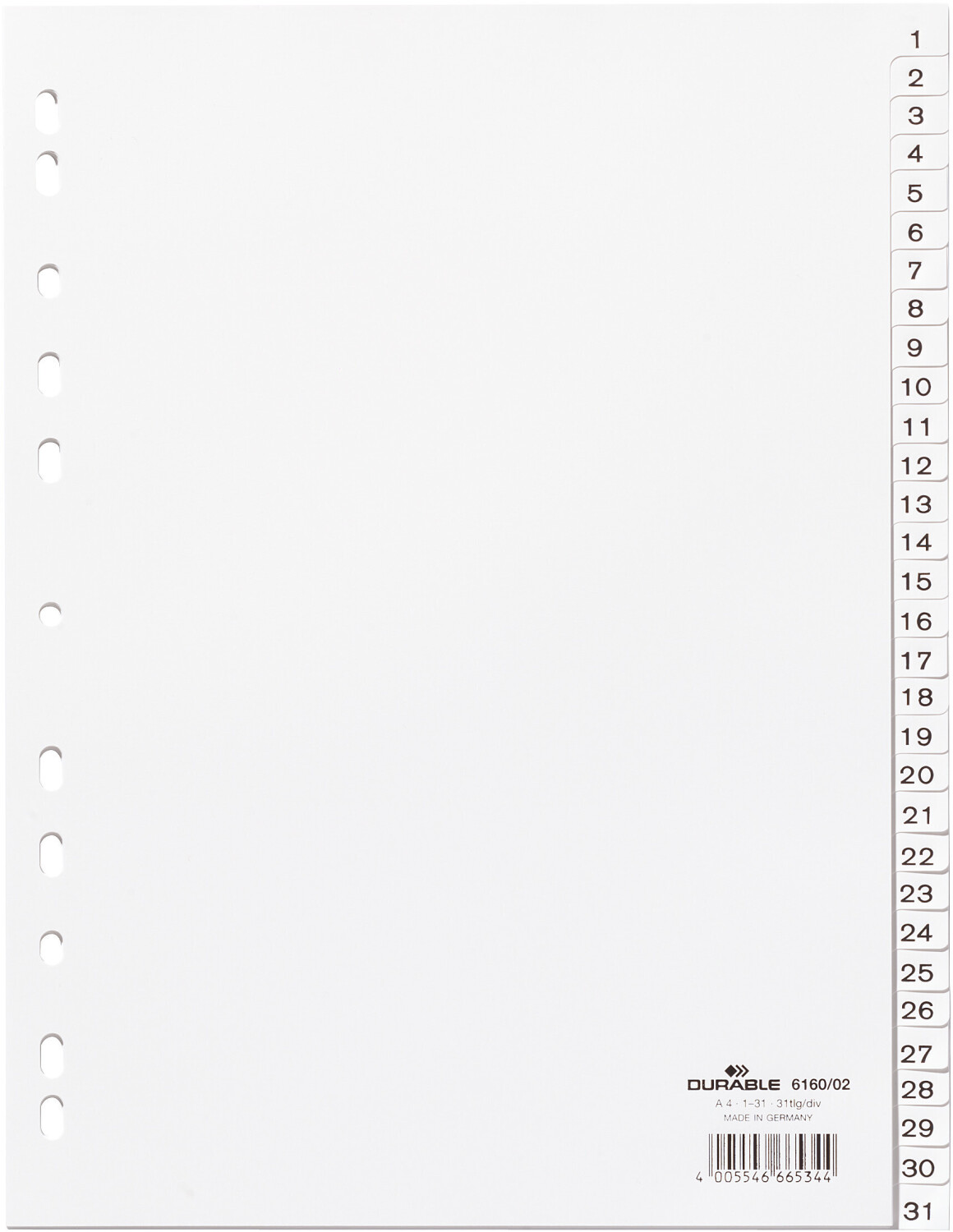 DURABLE 616002 Index (PP A4 portrait full size 1-31 universal punching) 10 Pieces White