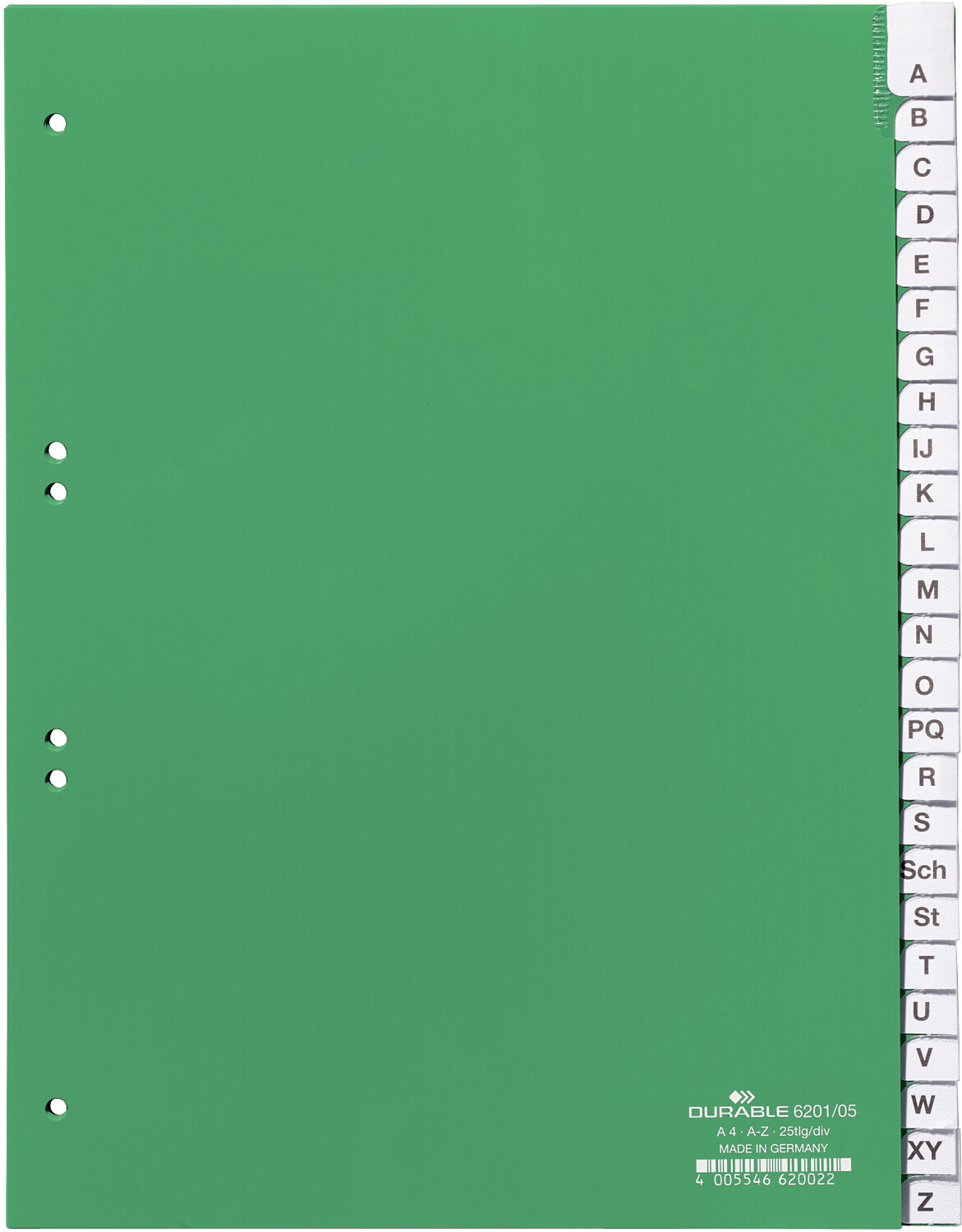 DURABLE 620105 A Z Organiser / Plastic / A4 Portrait / Completely CoveRed / 25 Divisions / Green