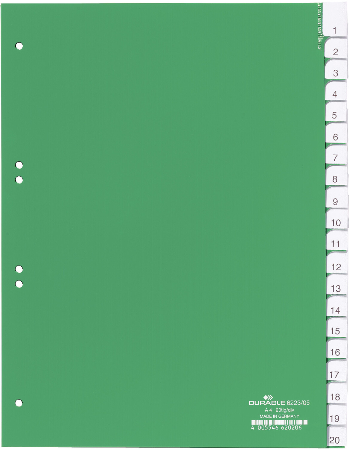 DURABLE 622305 Blank Index File with Sealed Tabs and 20 Insert Labels for A4 Sheets Green
