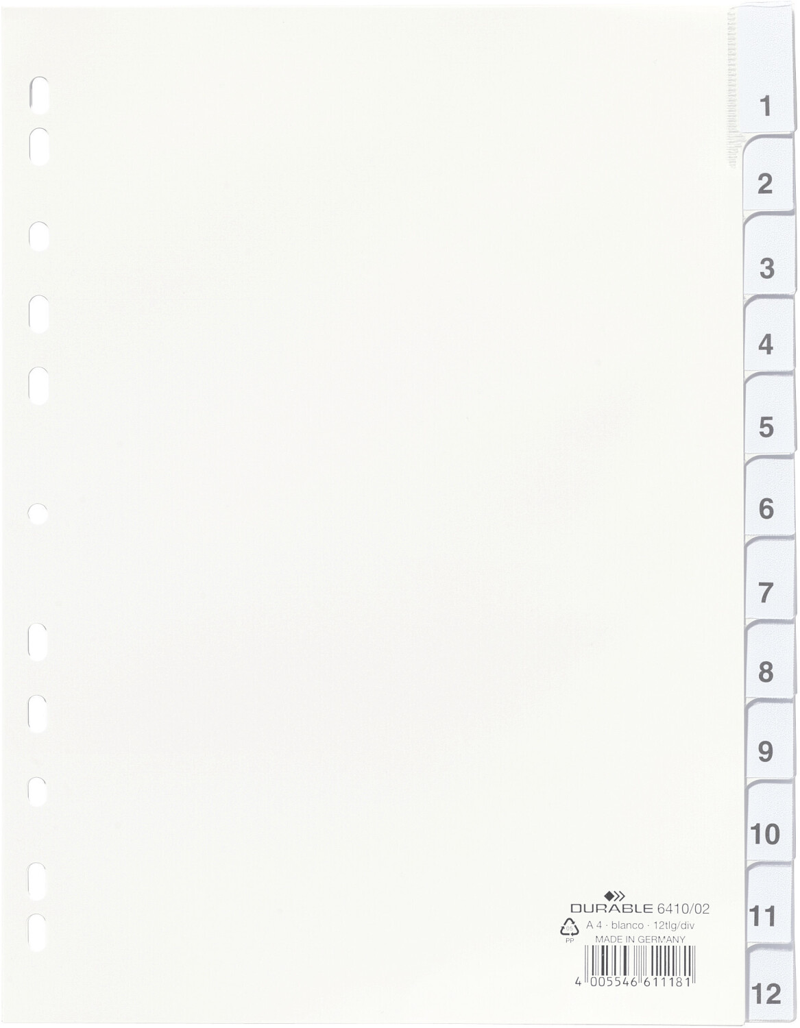 DURABLE 641002 Polypropylene Index File with Sealed Tabs and 12 Insert Labels for A4 Sheets White
