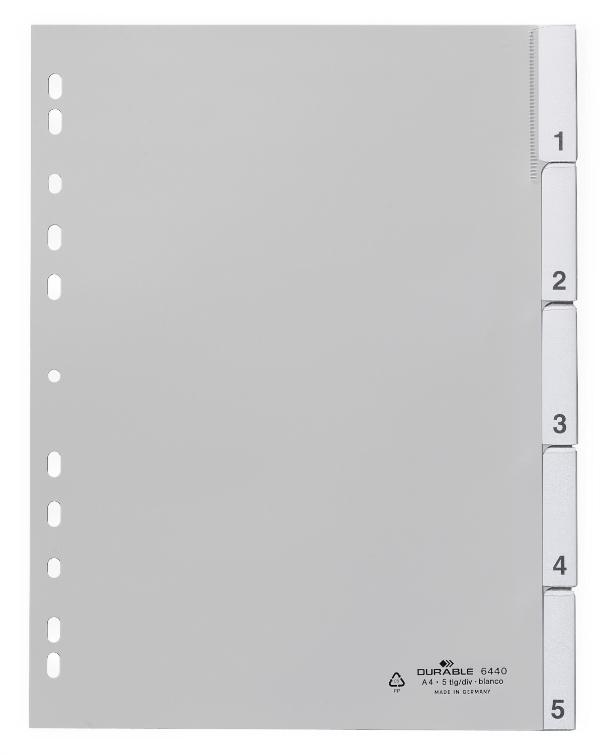 DURABLE 644010 Polypropylene index with Sealed Tabs and 5 Insert Labels universal punching Grey