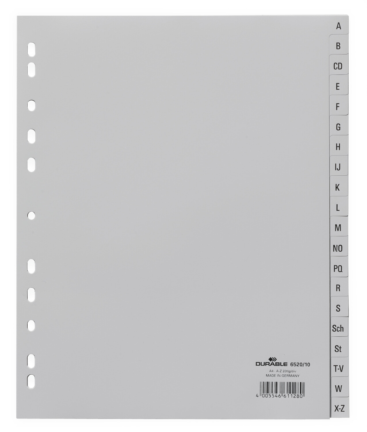 DURABLE 652010 A4 Portrait Polypropylene A-Z Index File with Printed Tabs and 20 Divisions Grey