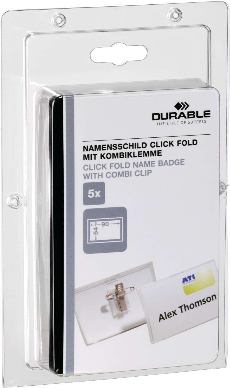 DURABLE 869319 Click Fold Name Plate with Combi Clip 54 x 90 mm Clear Pack of 5