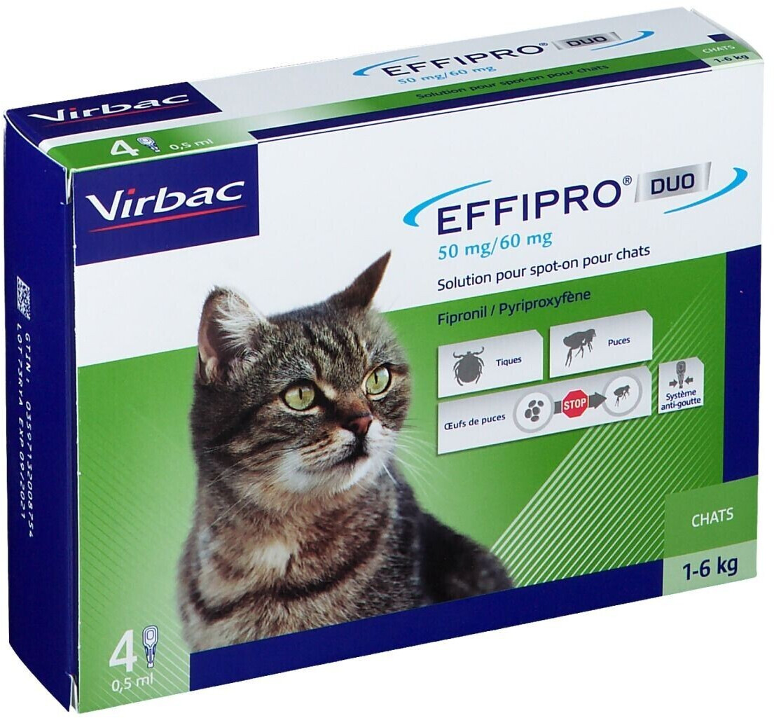 Virbac Effipro duo 50 mg/60 mg pour chats 4 x 0,5 ml