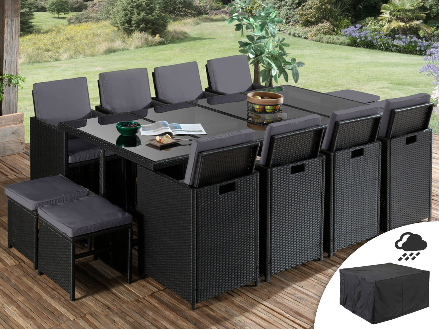 Best mobilier Salon de jardin encastrable 12 places Sophia coussins gris