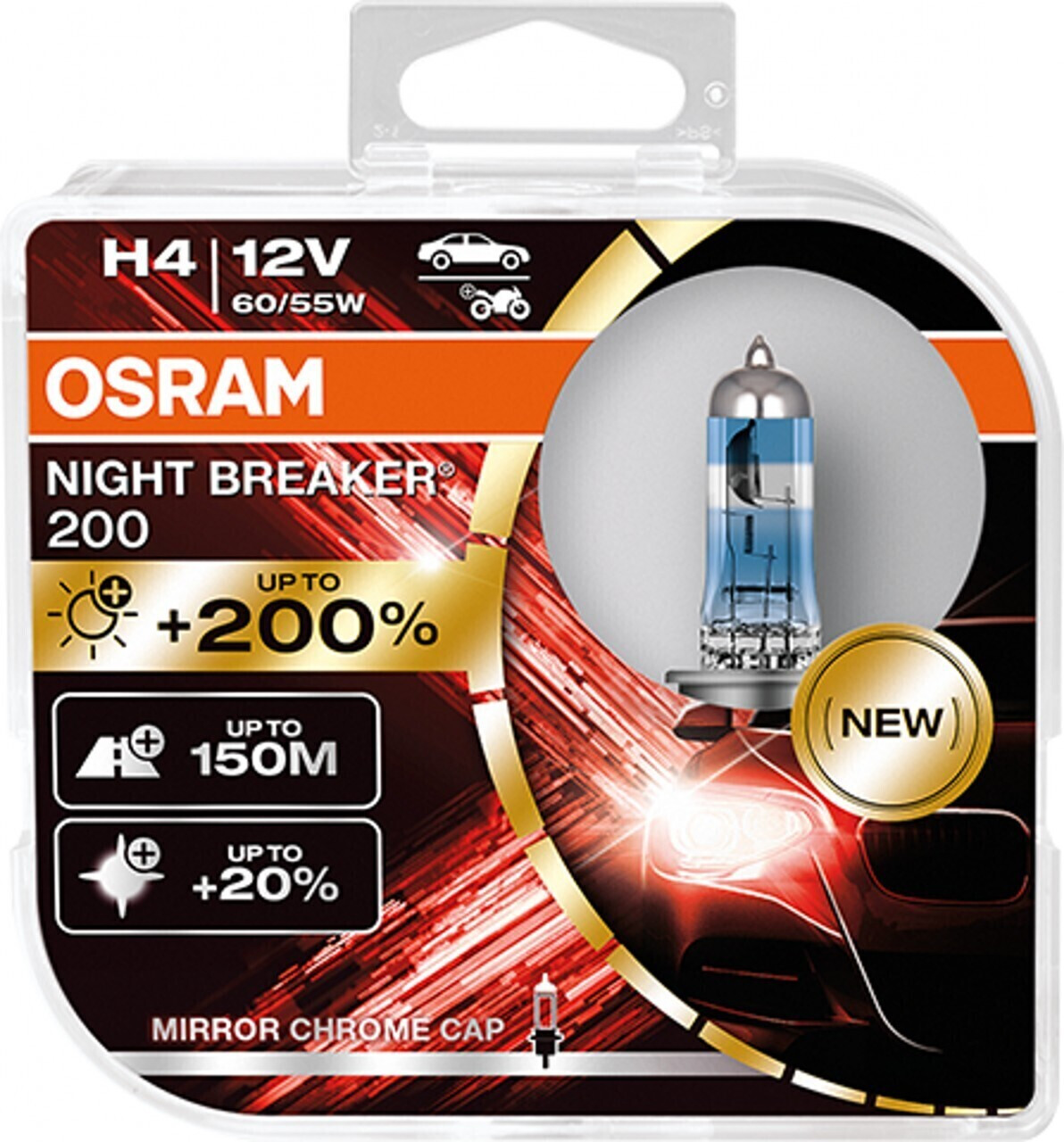 Osram NIGHT BREAKER 200, H4, + 200% Licht, Halogenlampe für Scheinwerfer,  64193NB200-HCB, 12-V-Auto, Silber, Doppelbox (2 Lampen) : : Auto &  Motorrad