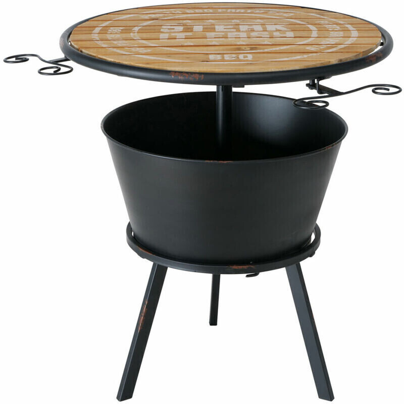 ETC Shop Iron table garden garden furniture side table wood garden table iron, beverage cooler white inscription, H 65 cm