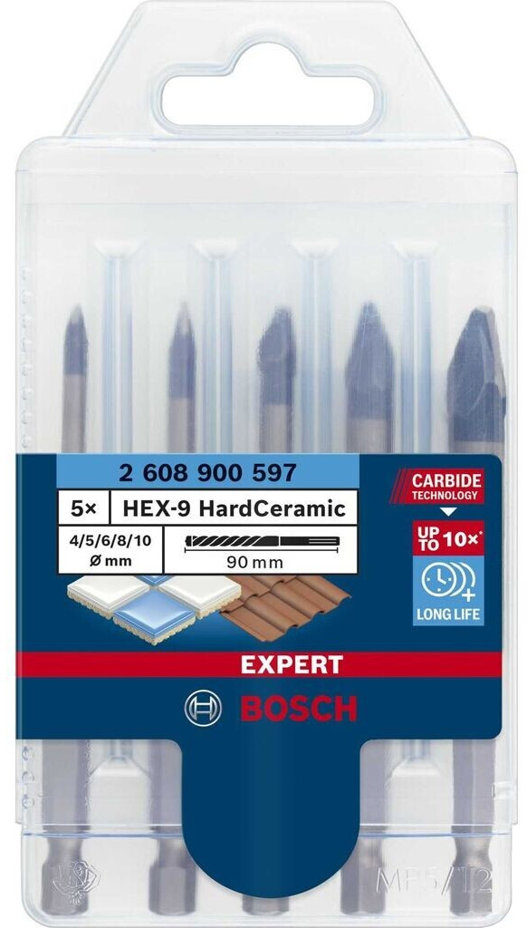 Coffret de 5 forets pour carrelage HEX-9 Ceramic 4 - 5 - 6 - 8 - 10mm -  BOSCH - 2608589528