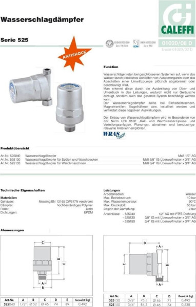 Caleffi Wasserschlagdämpfer Antishock ÜM 3/4" IGx3/4" AG verchromt (525150), Bild 10