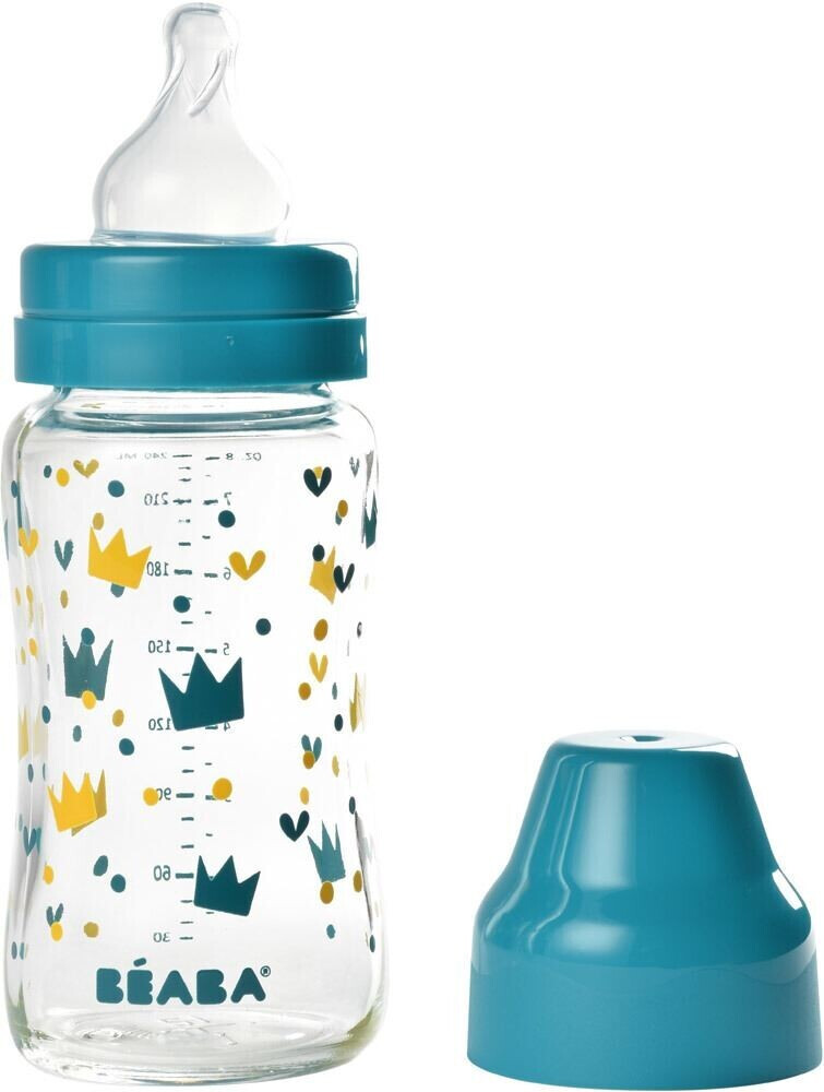 Beaba Biberon verre col large 240 ml crown jaine/bleu