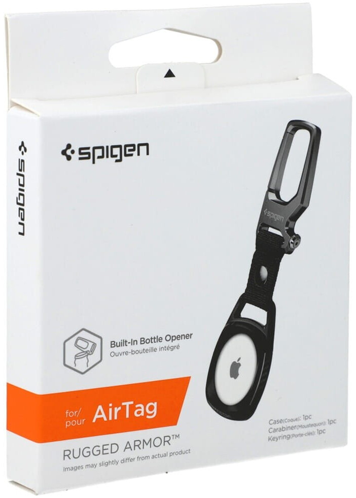 Spigen Rugged Armor Custodia Per AirTag Con Moschettone Apribottiglie – Nero, Robusta E Leggera, Finitura Opaca Con Dettaglio Fibra Di Carbonio