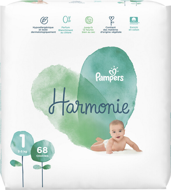 Pampers Couches Harmonie Taille 4 (9-14 kg), 174 Couches Bébé, Pack 1 Mois,  100%