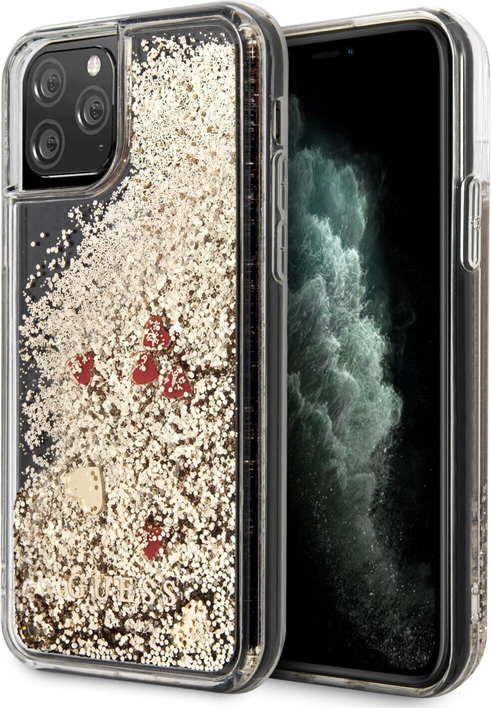 Guess PC/TPULiquid Glitter Floating Hearts Case für Apple iPhone 11 Pro - gold (GUHCN58GLHREGO)