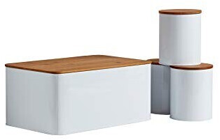 Wenko Brotkasten mit Brot-Schneidebrett und 3 Vorratsbehältern mit Bambus-Deckel Weiß 32x21x 5cm (4er Set)