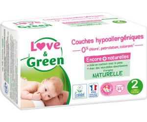 Couches bébé taille 1 : 2 - 5kg naturelle hypoallergénique LOVE AND GREEN :  le paquet de 32 couches à Prix Carrefour