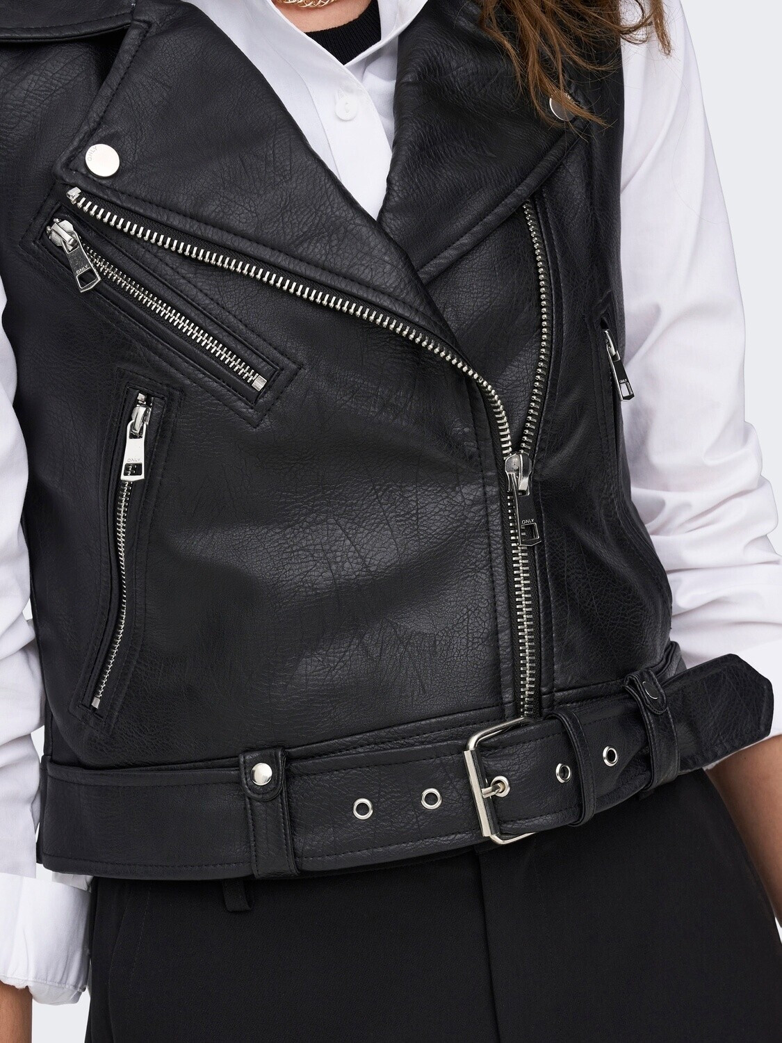 Women's Faux Leather Biker Waistcoat – Black Sleeveless Vest With Belt & Zip