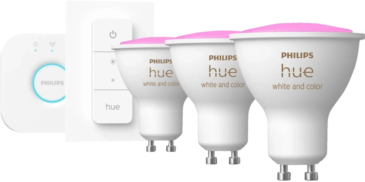 Soldes Philips Hue White & Color Ambiance Starter-Set 3x GU10 + Bridge +  Dimswitch (929001953113) 2024 au meilleur prix sur