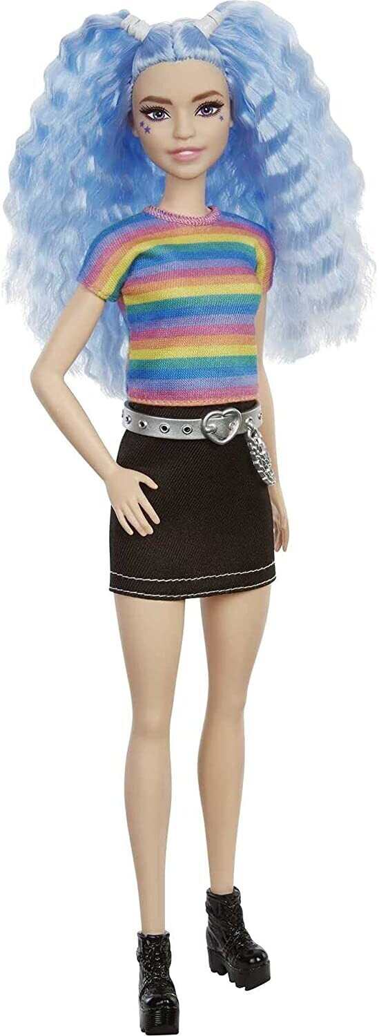 Barbie Violet Hair Doll With Rainbow Top Denim Skirt