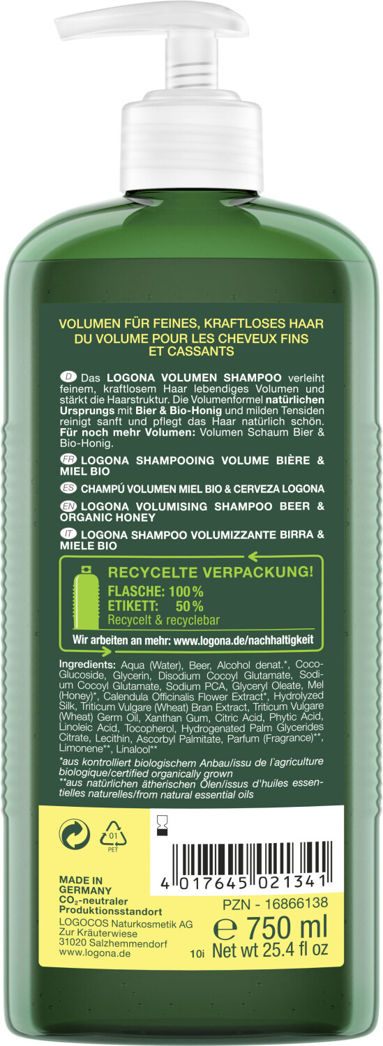 Logona Volumen-Shampoo Bier & Bio-Honig (750 ml) ab 16,49 € |  Preisvergleich bei | Haarshampoos