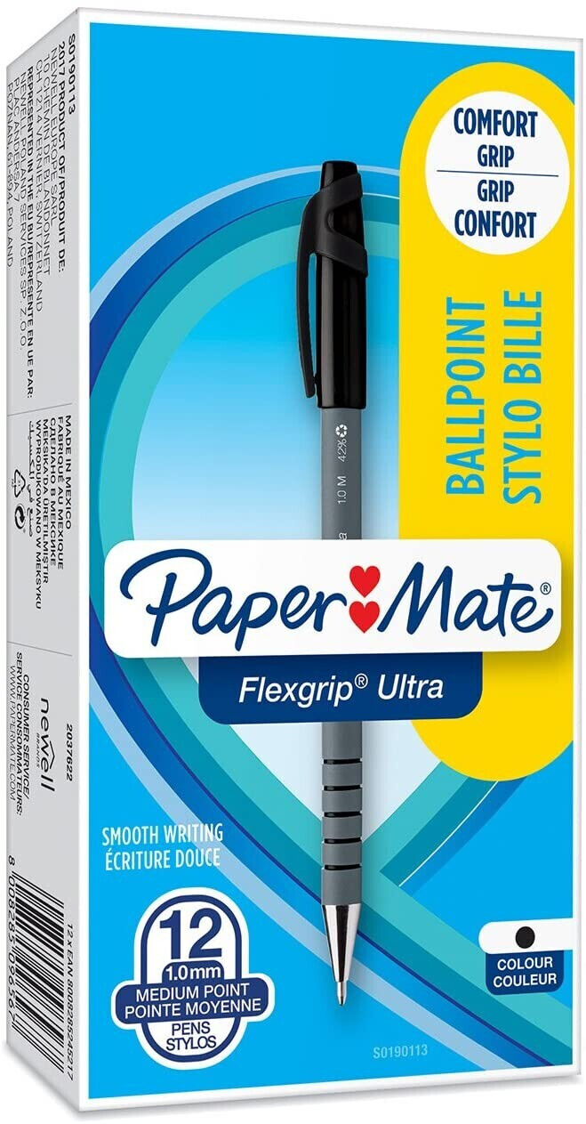 Paper Mate Flexgrip Ultra stylo bille rétractable, pointe moyenne (1,0 mm),  encre noire, boîte de 12 : : Fournitures de bureau