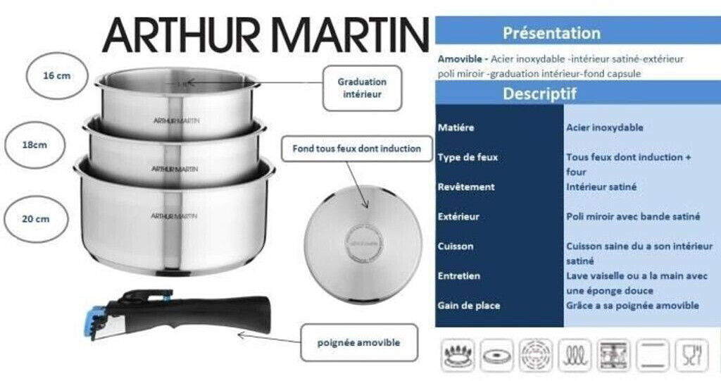 Arthur Martin Set de 3 casseroles inox induction avec couvercles verre pas  cher 
