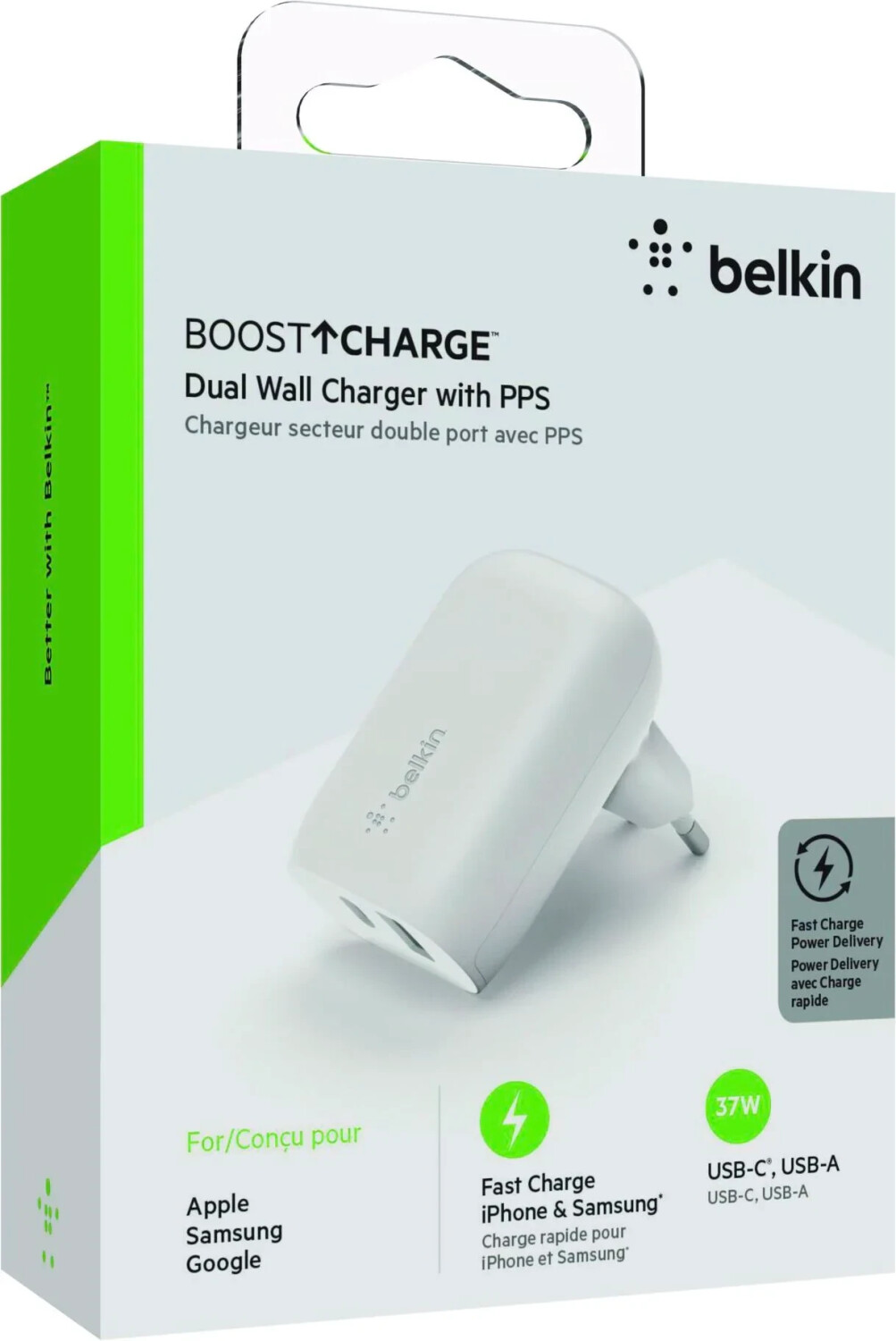 Belkin - Cargador de pared de doble puerto USB A y USB C PD 37W
