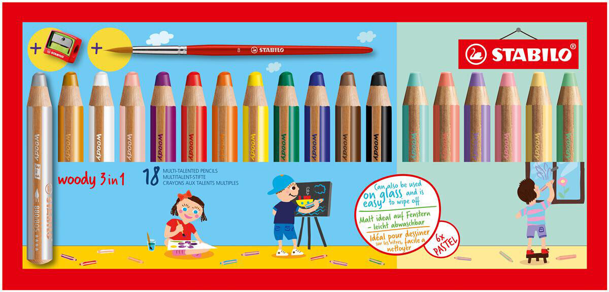 Etui de 4 crayons de couleur Woody assortis + 1 chiffonnette + 1