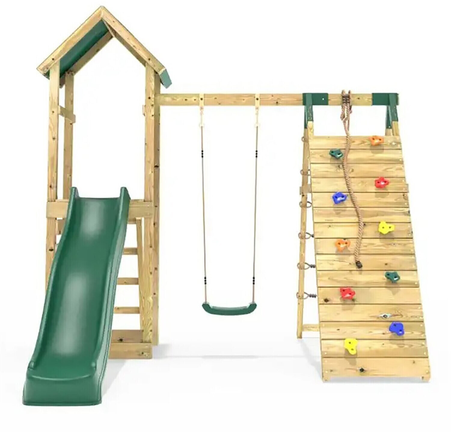 Rebo Trampolines Holzklettergerüst mit Schaukel, Rutsche und