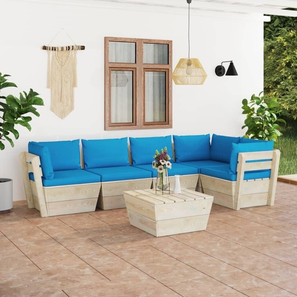 vidaXL 6 piece garden furniture set spruce pallets and cushions blue (3063568)
