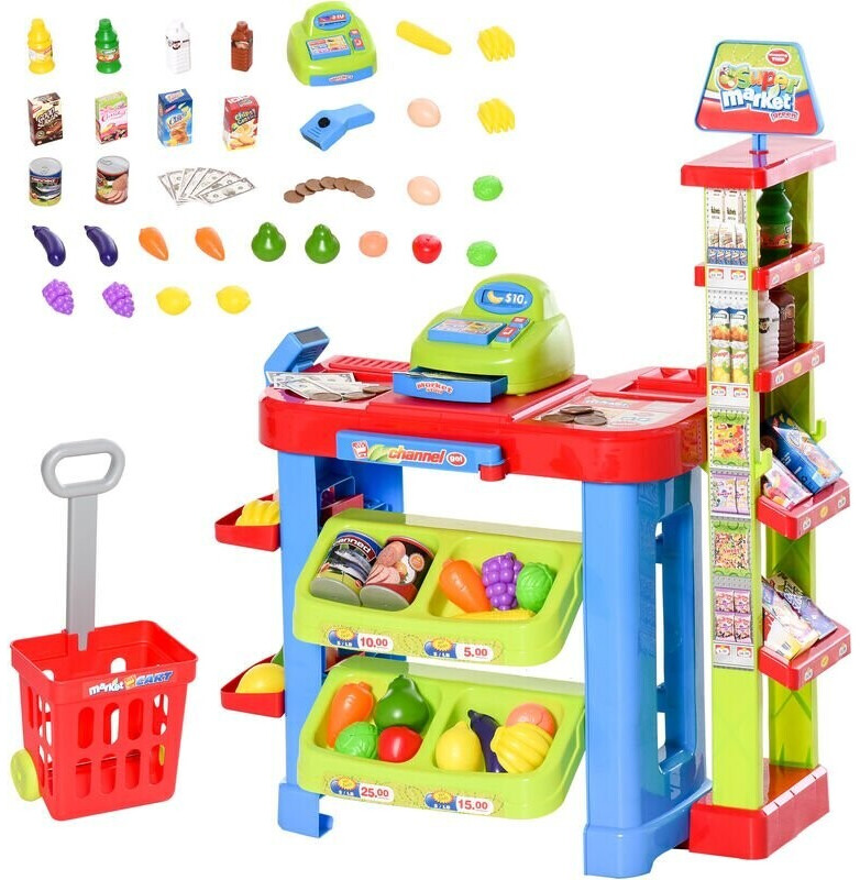 HomCom Jeu d'imitation commerçant caddie caisse enregistreuse + 45 accessoires