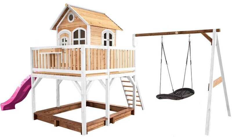 AXI Liam play house brown/white with pink slide, sand box and Roxy nest-swing