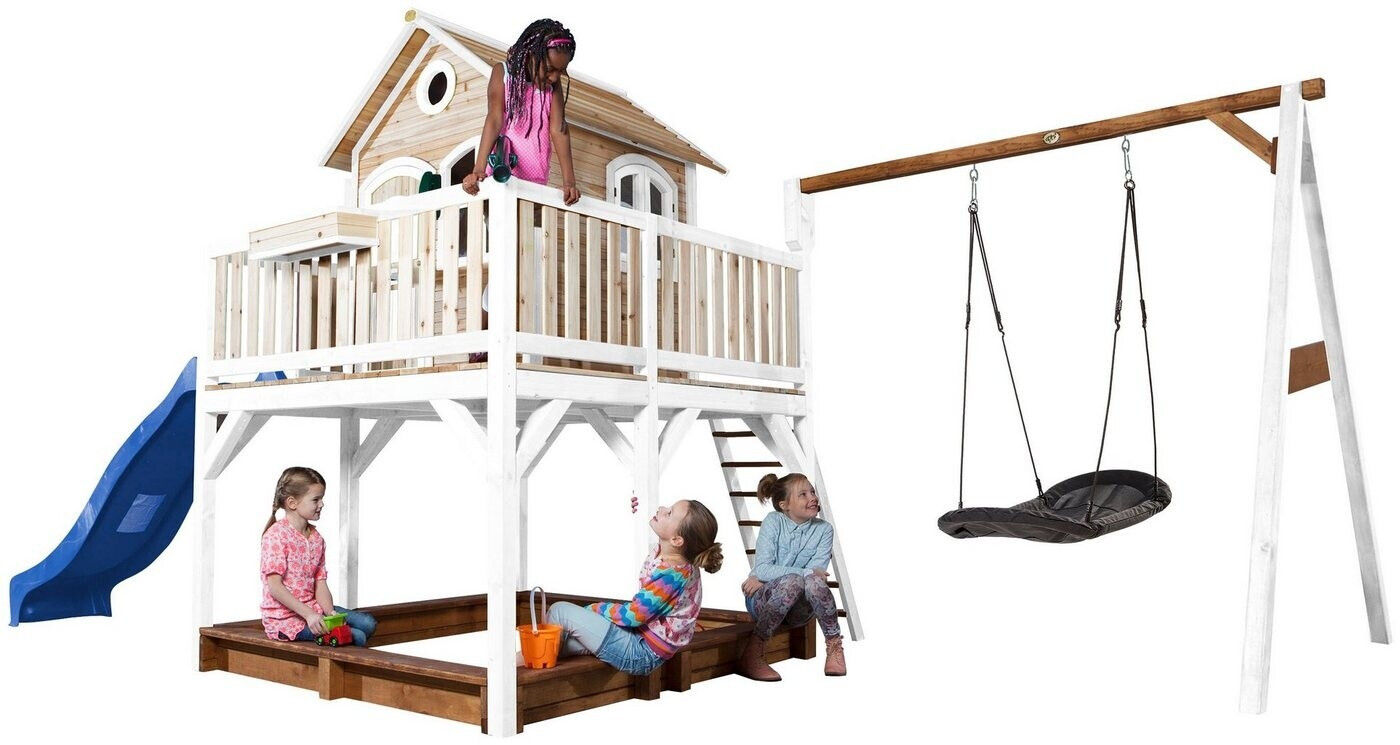 AXI Liam play house brown/white with blue slide, sand box and Roxy nest-swing