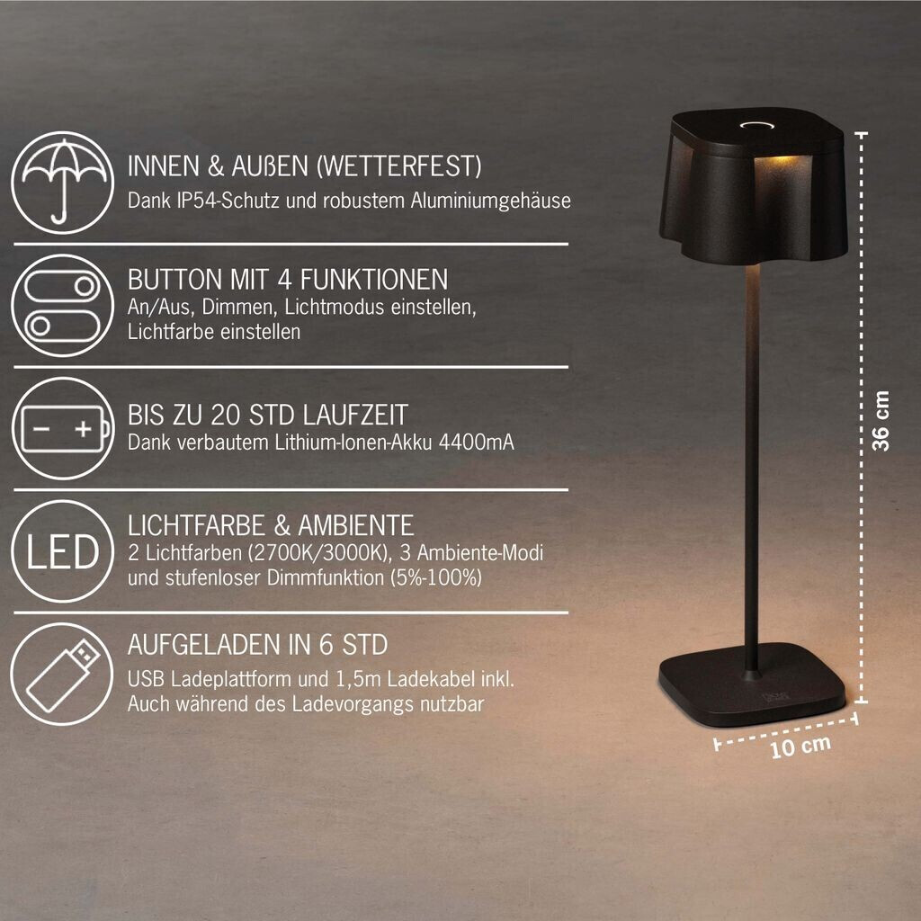 Konstsmide LED-Akku Tischleuchte Preisvergleich bei | € IP54 2,5W/120lm schwarz ab 84,99 Nice