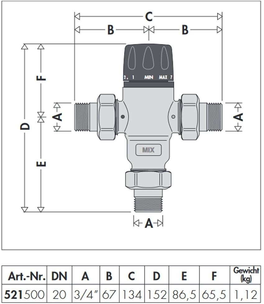 Caleffi 529150 Trekregelaar - 3/4" Mannelijk ISO 7/1, Instelbaar 30-90°C